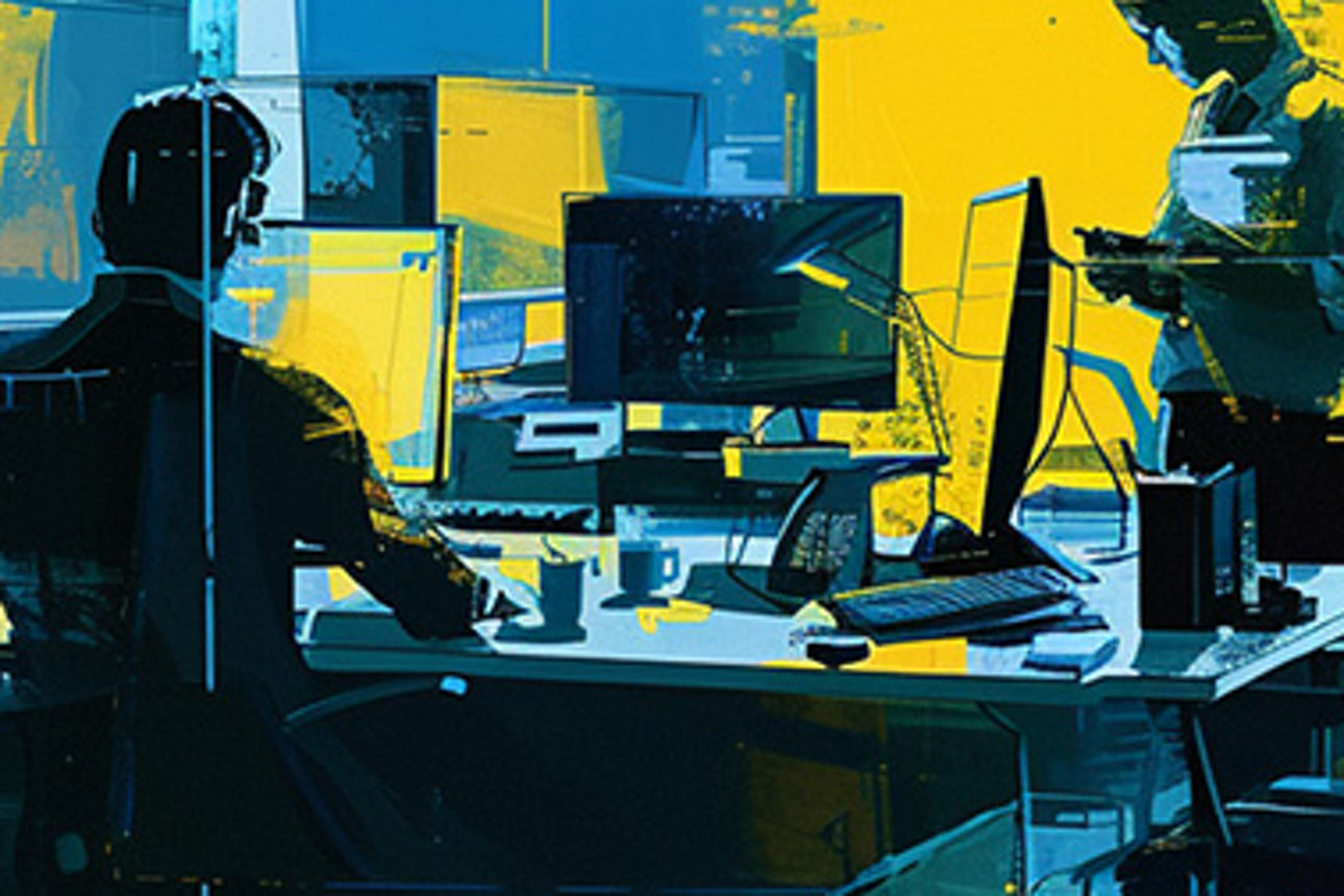 Gemalte Grafik zu Vermögenscockpit. Mann sitzt mit Kollegen im Büro und telefoniert.