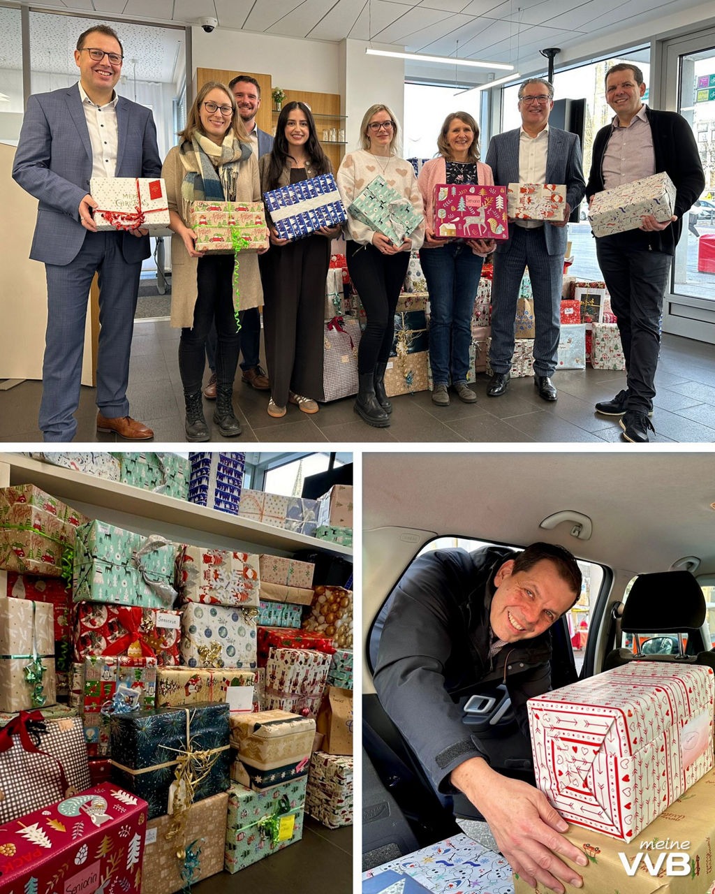 mehrere Frauen und Männer mit Weihnachtspäckchen in der Hand