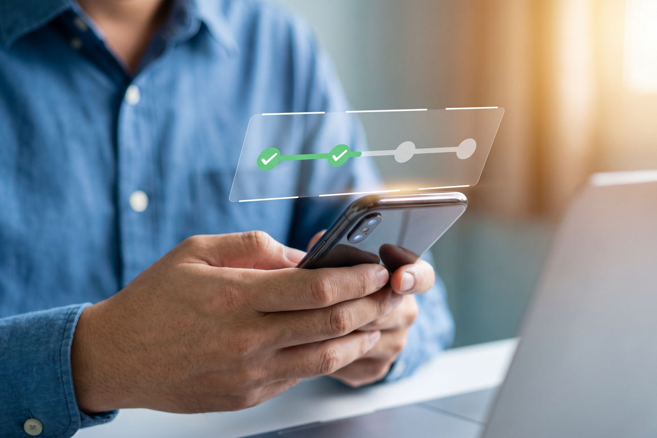 Person schaut auf sein Smartphone und arbeitet eine Checkliste ab