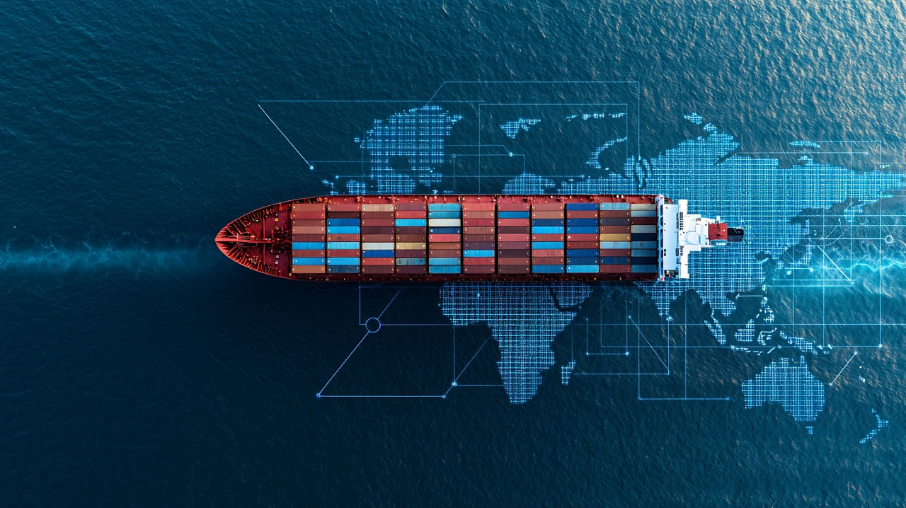 Containerschiff fährt auf dem Meer über eine stilistische Weltkarte