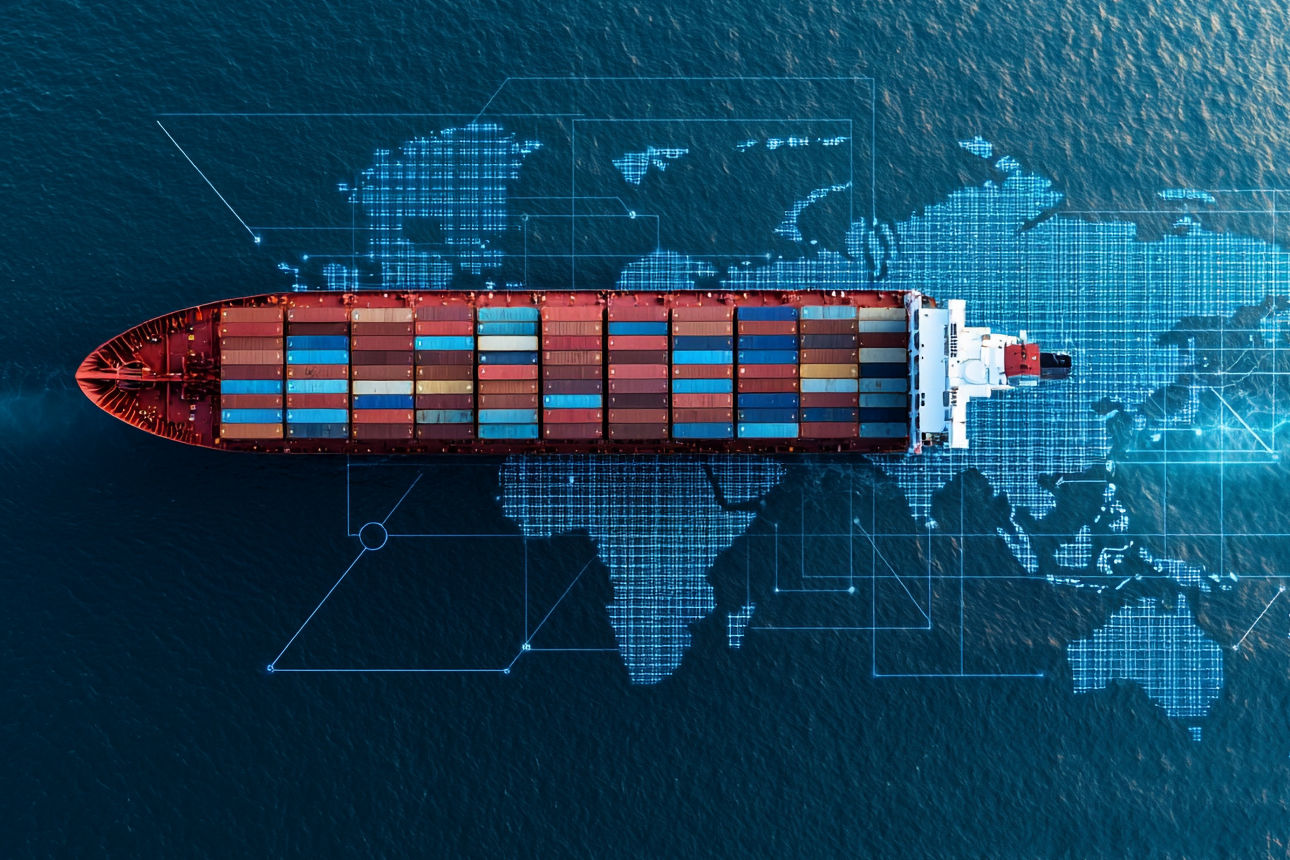 Containerschiff fährt auf dem Meer über eine stilistische Weltkarte