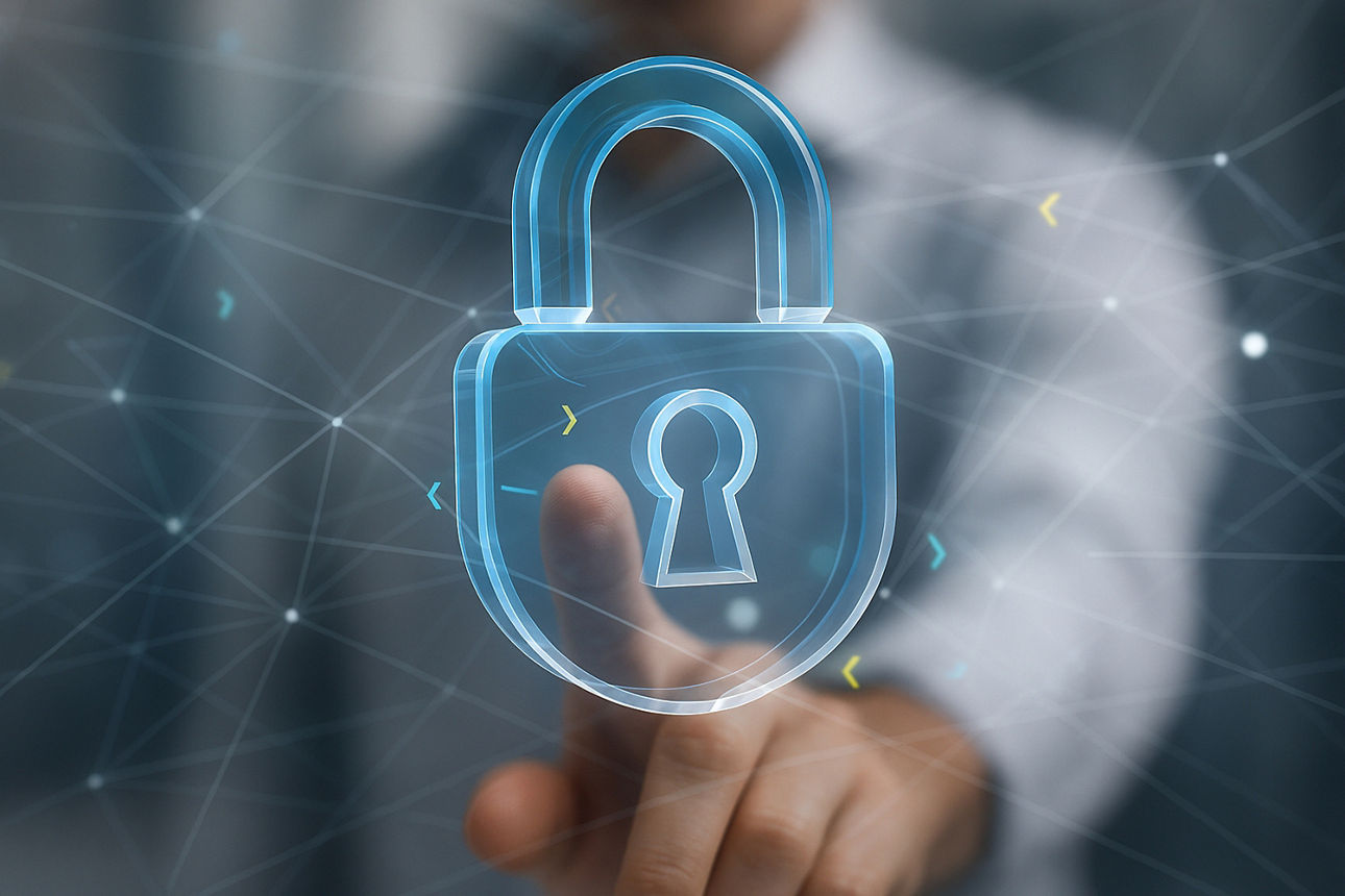 KI-generierte Grafik: Ein Zeigefinger tippt von hinten auf ein transparentes Vorhängeschloss