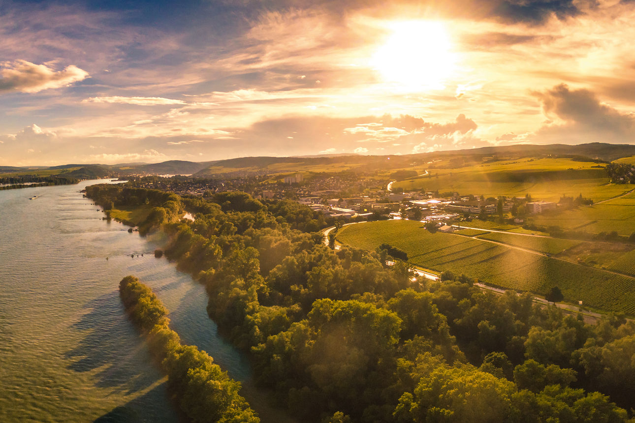 Luftaufnahme von Geisenheim im Sonnenuntergang