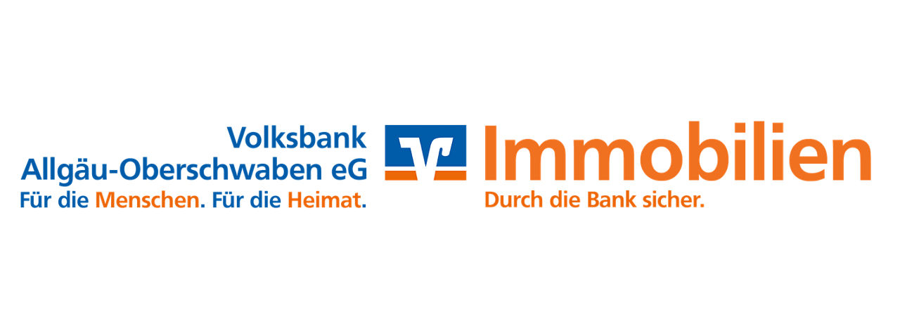 Logo mit Text "Volksbank Allgäu-Oberschwaben. Rechts daneben zu lesen: Immobilien. Durch die Bank sicher.