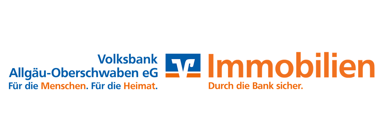 Logo mit Text "Volksbank Allgäu-Oberschwaben. Rechts daneben zu lesen: Immobilien. Durch die Bank sicher.