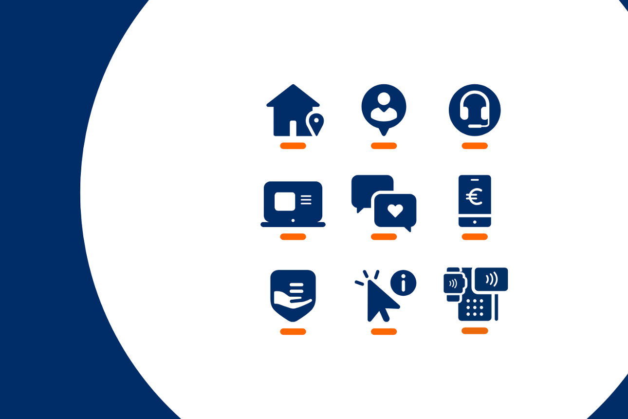 Neun blaue Icons auf weißem Hintergrund, die verschiedene Dienstleistungen darstellen: Haus, Person, Kopfhörer, Computer, Sprechblasen, Smartphone, Buch, Mauszeiger und Zahlungsterminal.