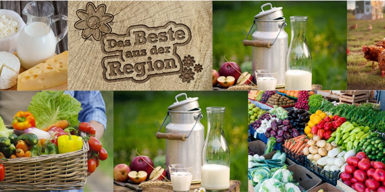Verschiedene regionale Lebensmittel und Tiere, dazu der Text „Regionale Lebensmittel“ im Bild.