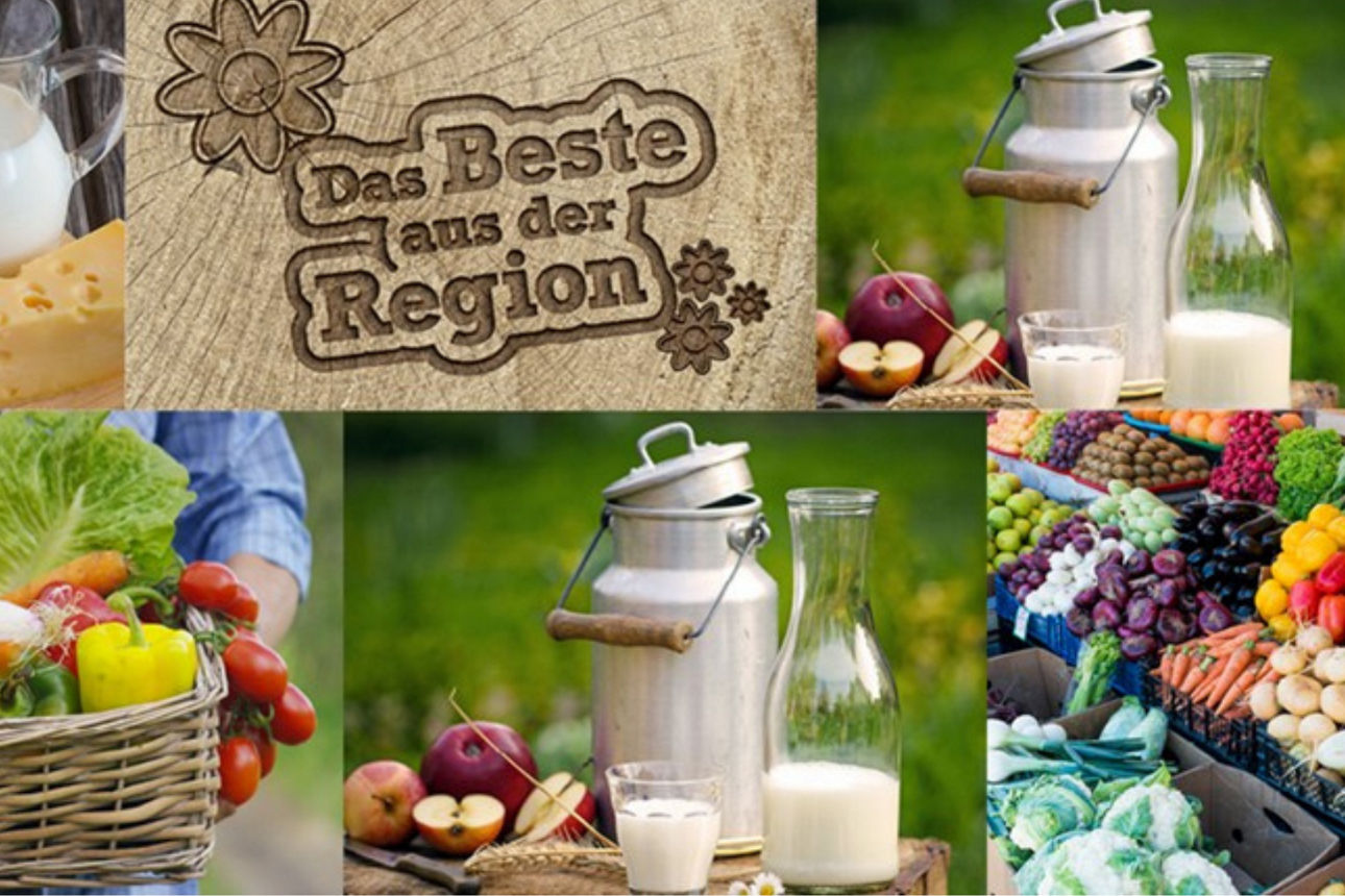 Verschiedene regionale Lebensmittel und Tiere, dazu der Text „Regionale Lebensmittel“ im Bild.