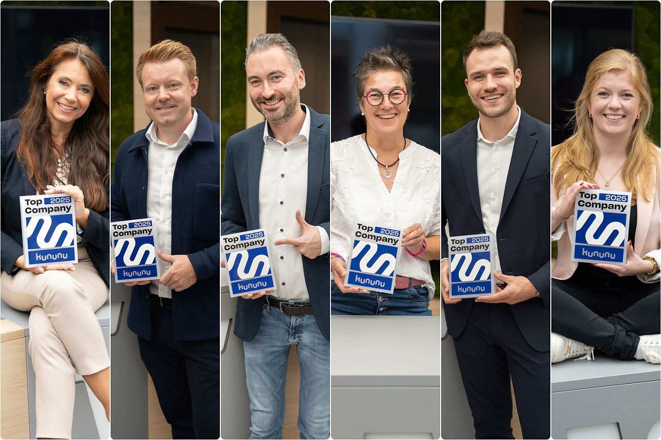 Collage mit sechs Kollegen mit Kununu-Siegel in der Hand