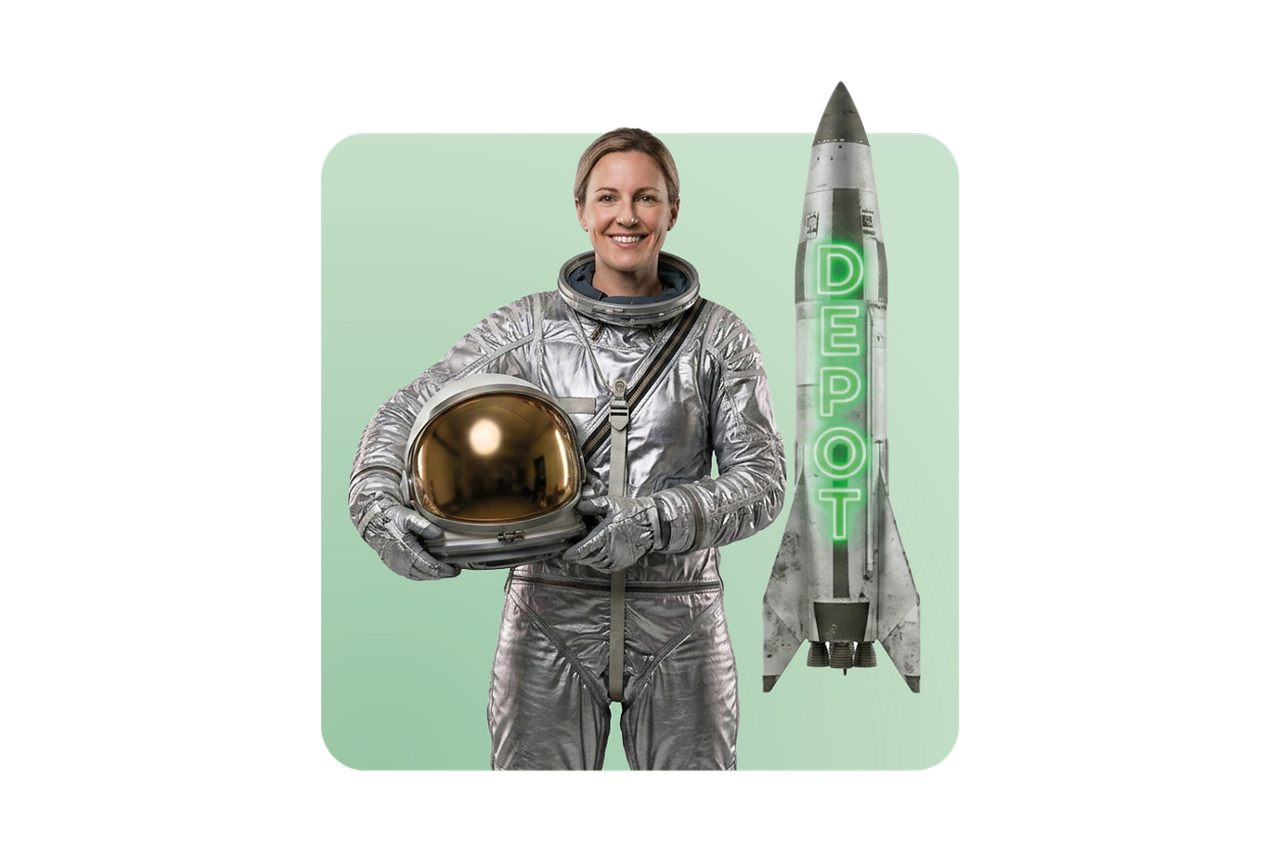 Frau im Raumanzug steht vor Rakete