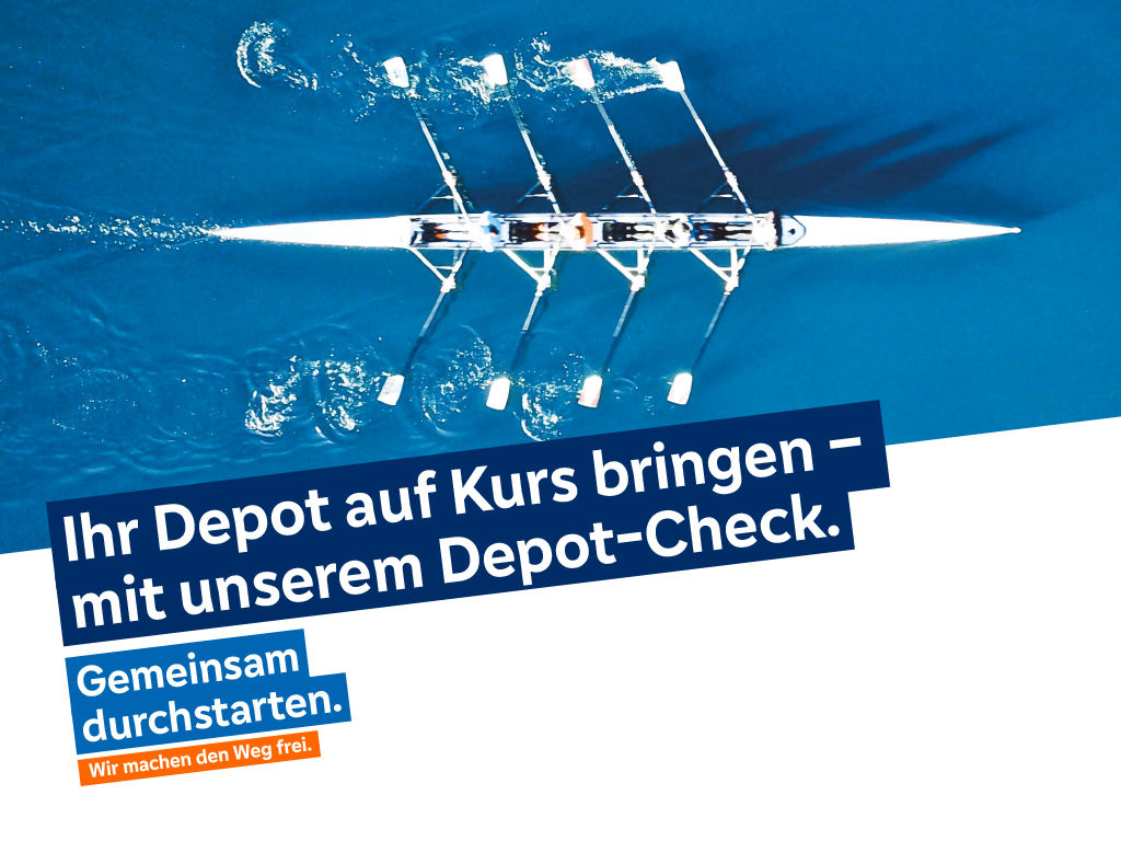 Ruderboot auf einem See mit dem Text Ihr Depot auf Kurs bingen - mit unserem Depot-Check