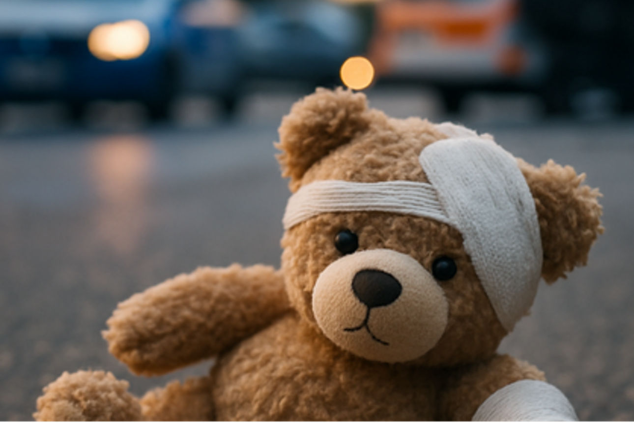 Ein Teddybär liegt verletzt auf der Straße