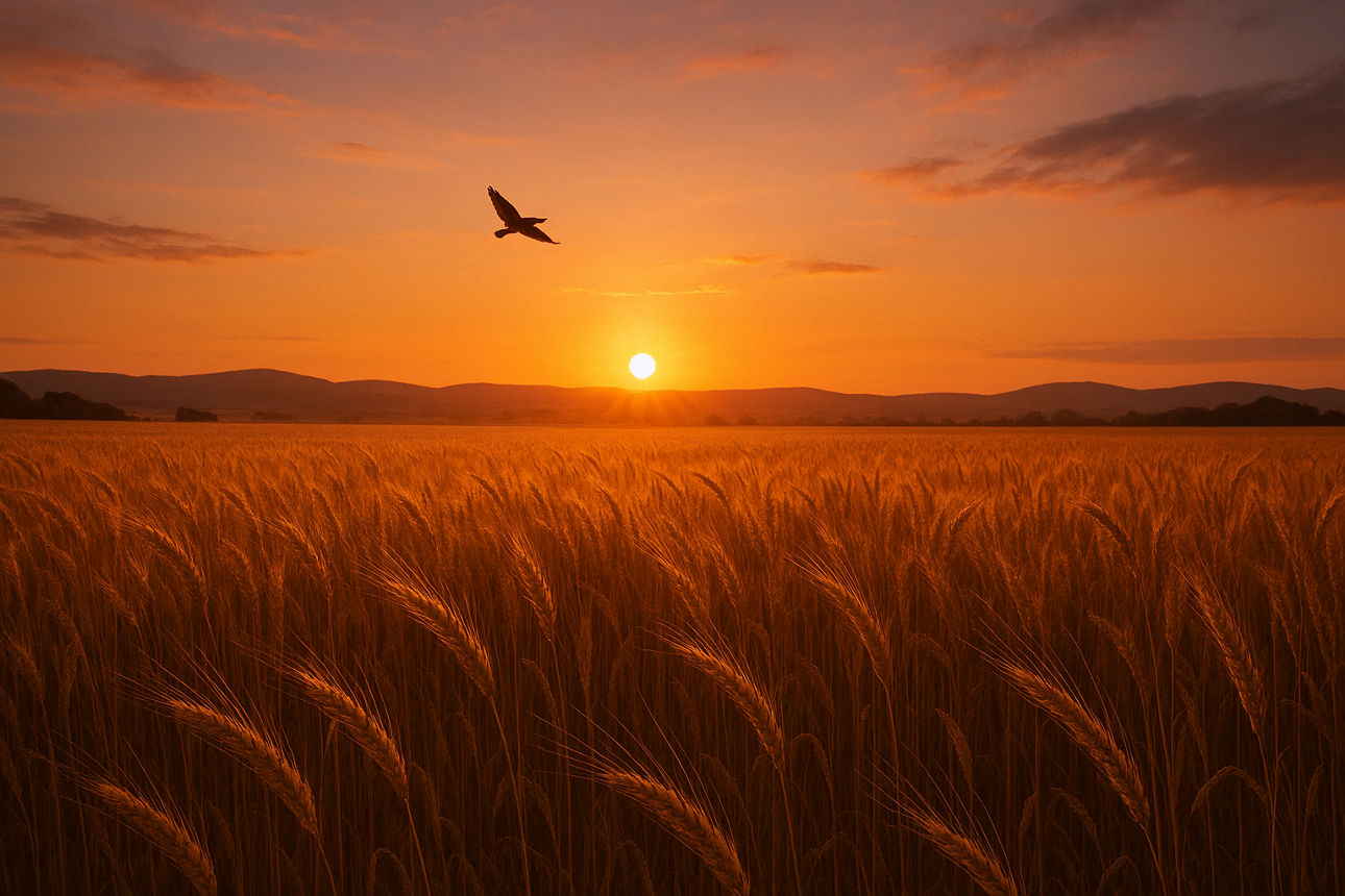 Ein Vogel fliegt über ein Kornfeld hinter dem die Sonne untergeht.