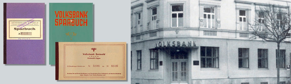 Drei historische Sparbücher der Volksbank und ein Schwarz-Weiß-Foto eines Volksbank-Gebäudes mit Schriftzug über dem Eingang.