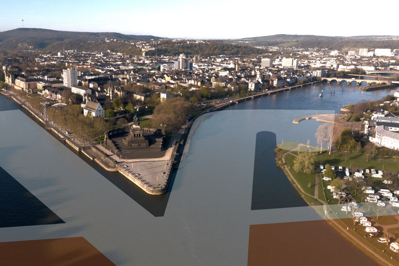Das Bild zeigt das Deutsche Eck mit einer Illustration des VR Bank Markenzeichens, wo Rhein und Mosel sich treffen.