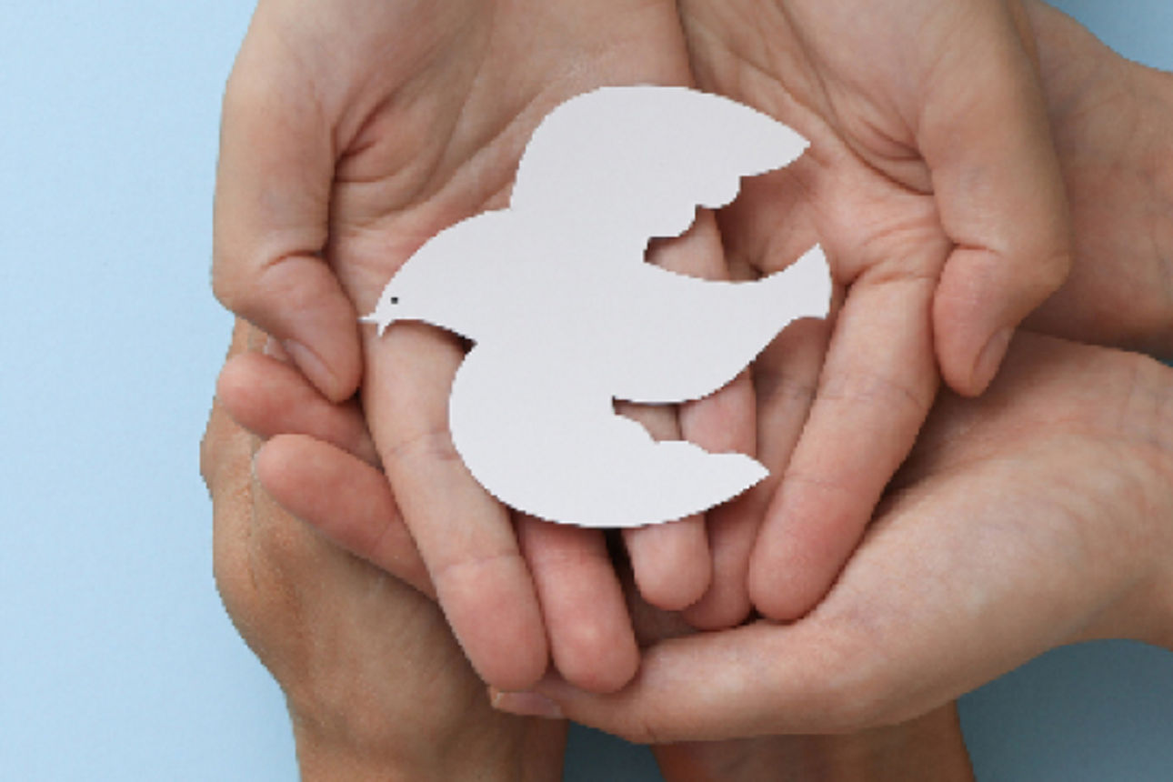 Mehrere Hände halten gemeinsam eine weiße Papier-Taube auf blauem Hintergrund