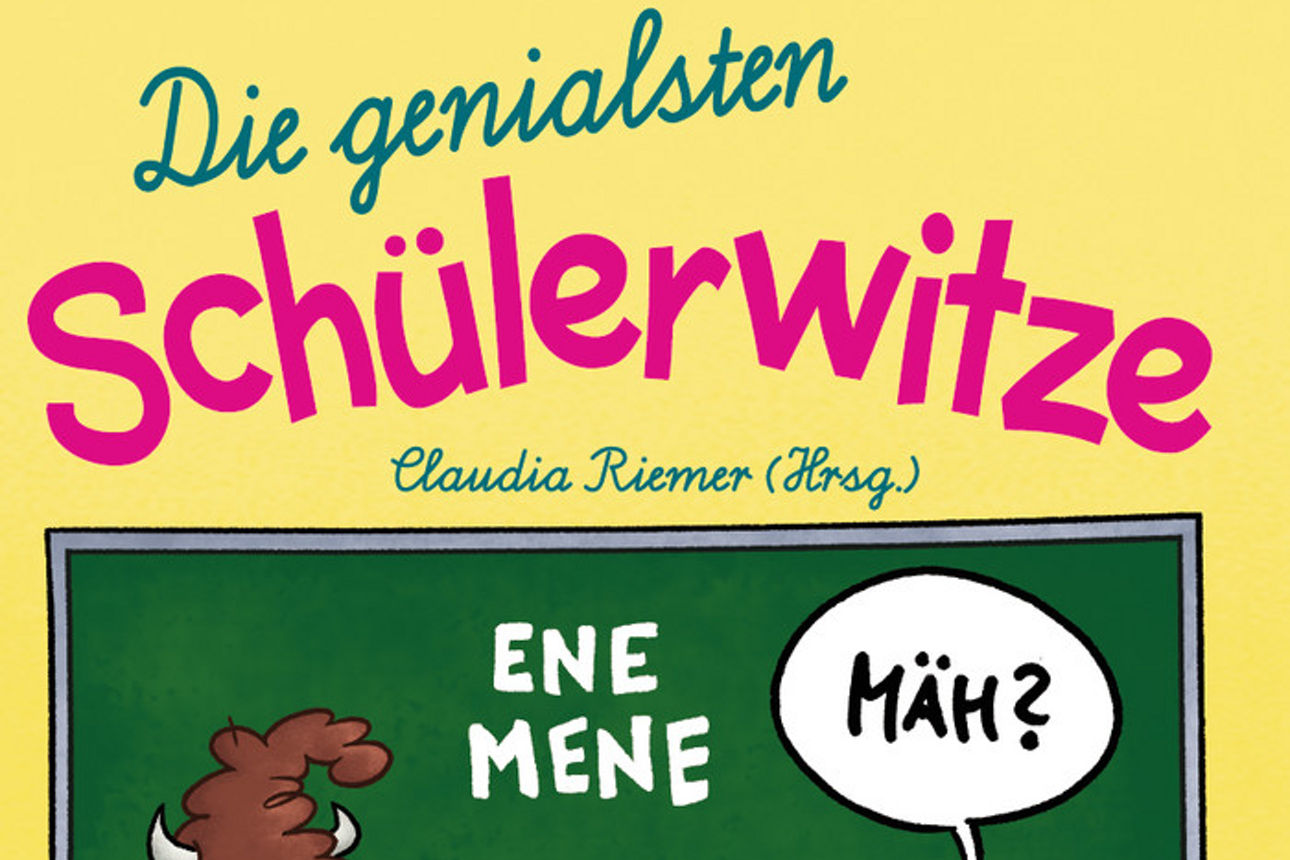 Gelbes Buch Schülerwitze. Einband zeigt Schulklasse mit Tieren und Lehrer und Schüler an der Tafel stehen