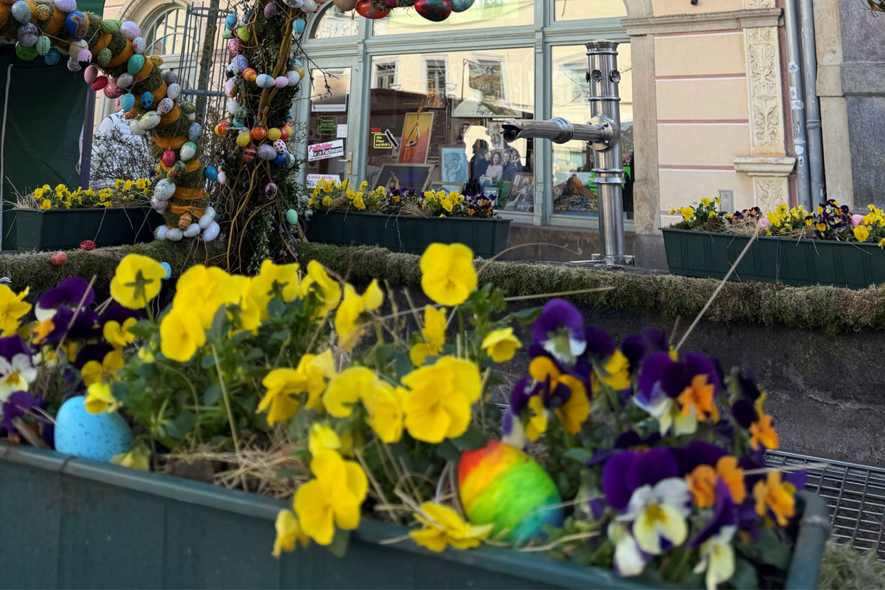 Die geschmückte Osterkrone auf dem Obermarkt in Pirna.