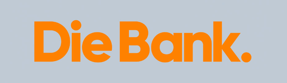 „Die Bank“ in Orange auf grauem Hintergrund