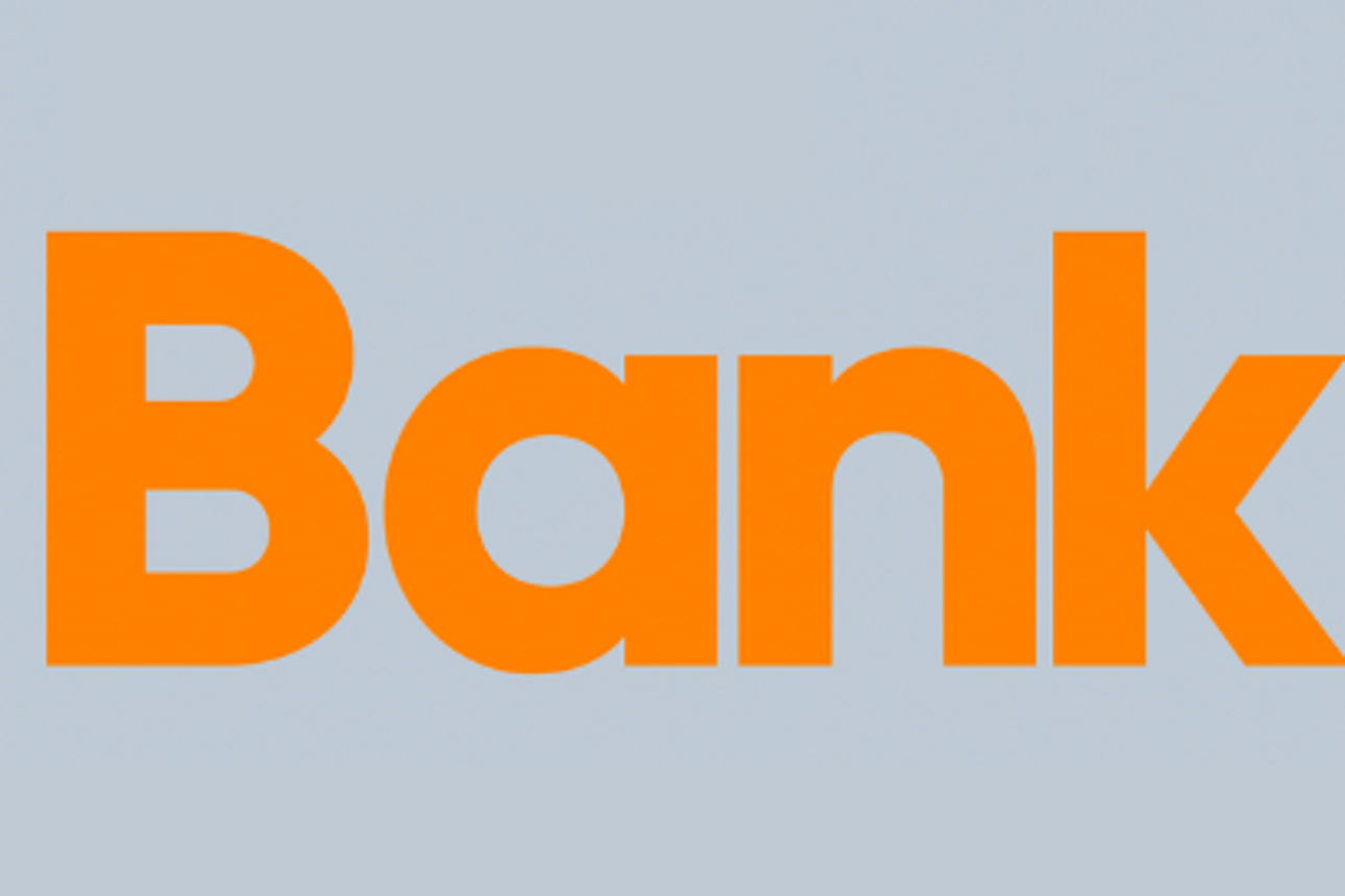 „Die Bank“ in Orange auf grauem Hintergrund