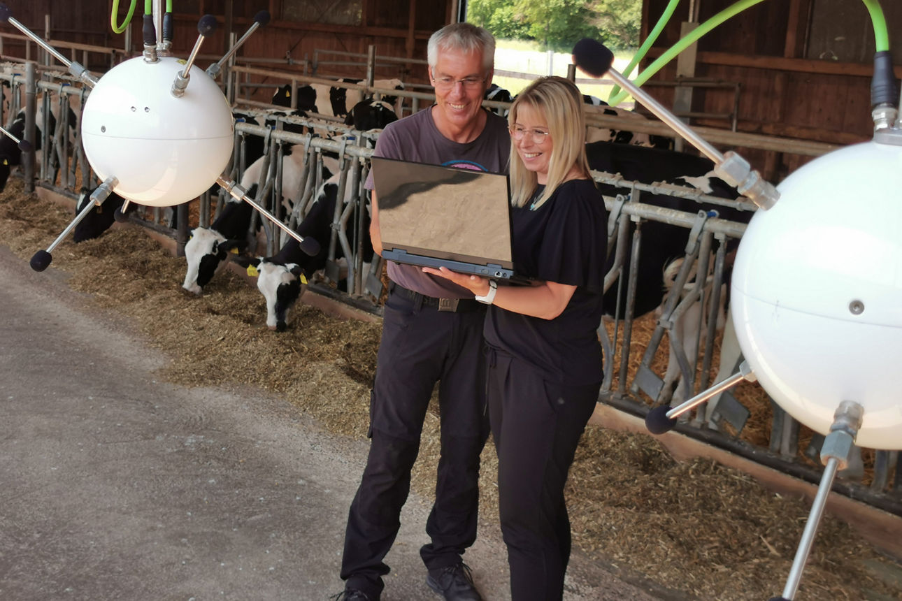 Zwei Personen mit Laptop im Kuhstall