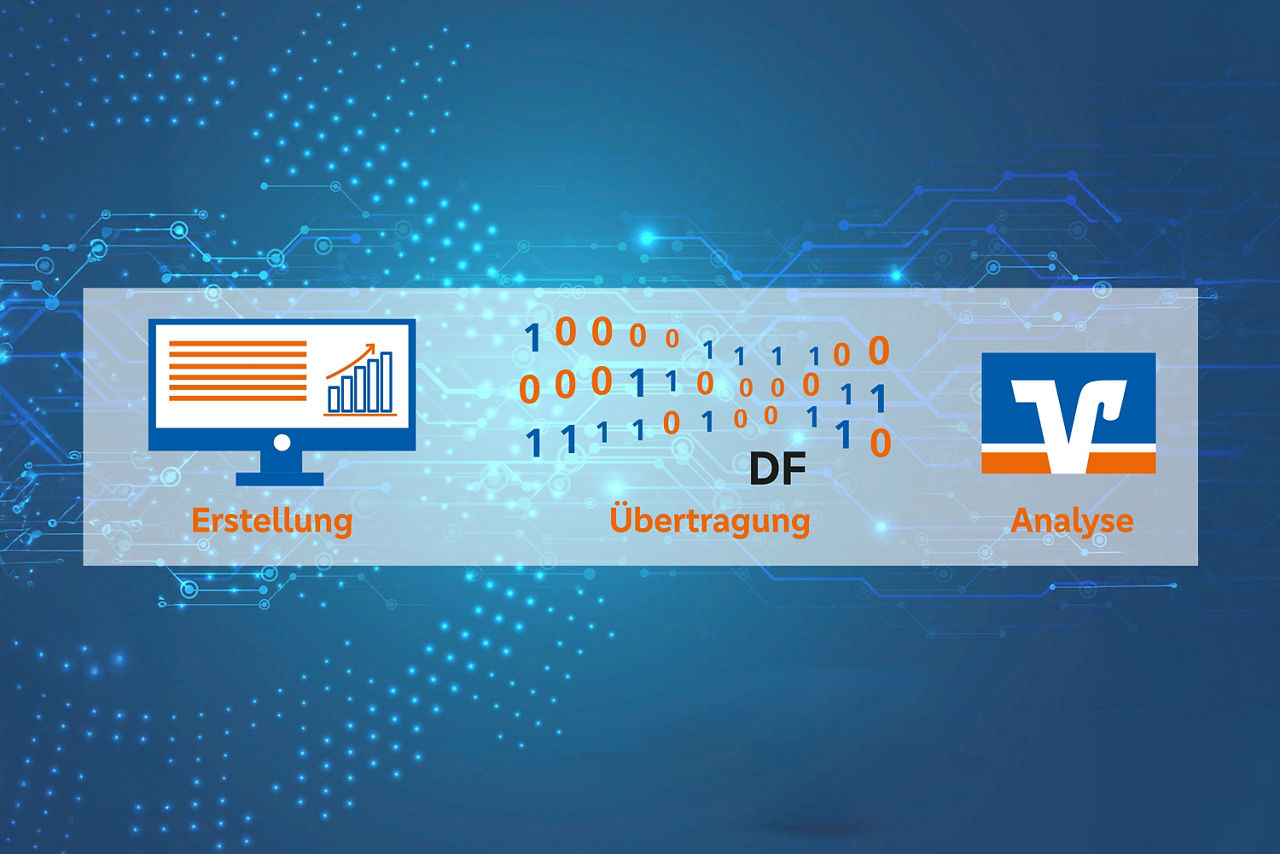 Das Bild zeigt Illustrationen, wie einen Monitor, mehrere Binärcodes und das Markenzeichen der VR Banken.