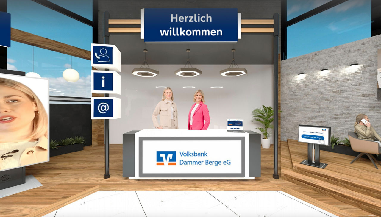 Angezeigt wird ein digitaler Messestand mit zwei Moderatorinnen