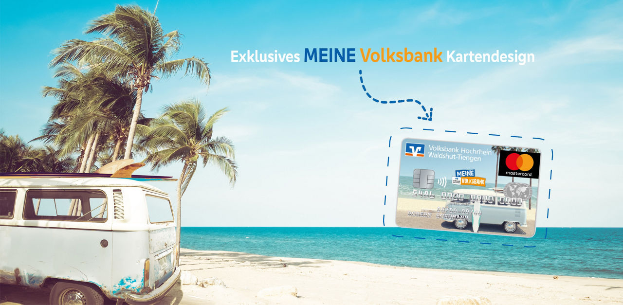 Illustration eines Stands mit einem alten Kleinbus. Darauf ist das Kartendesign der DirectCard abgebildet.