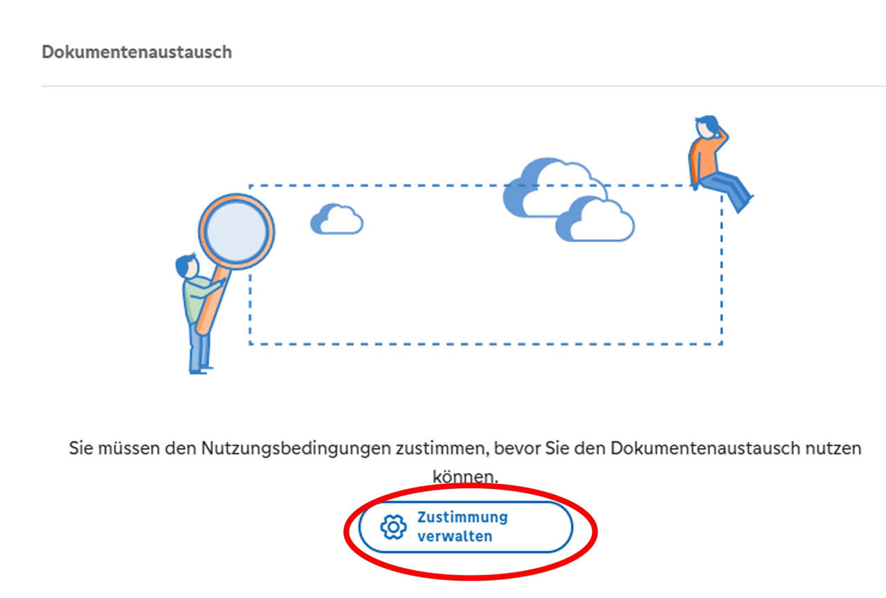 Sie müssen zunächst den Nutzungsbedingungen zustimmen. Klicken Sie dazu auf „Zustimmung verwalten".