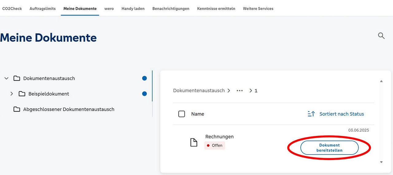 Wählen Sie Ihre Datei über "Dokument bereitstellen" rechts unten aus.