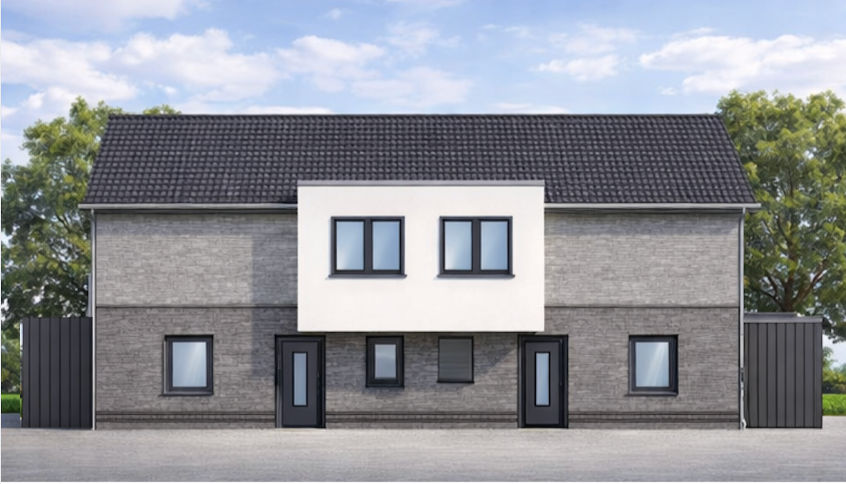 Visualisierung eines modernen Doppelhauses mit grauer Klinkerfassade, dunklem Satteldach und klarer Linienführung.