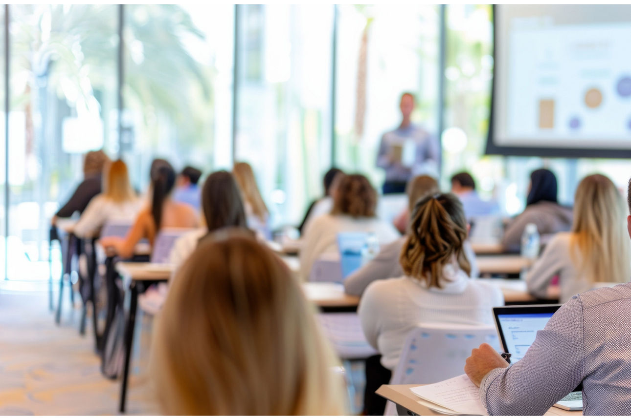 Vortragender im Hemd spricht zu Zuhörern an Tischen, Leinwand zeigt Grafiken, moderner Raum mit großen Fenstern.