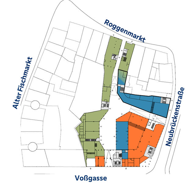 Durchlässigkeit, Begegnung und Austausch im MERCATUS QUARTIER und den dazugehörenden, farblich gekennzeichneten Gebäuden.