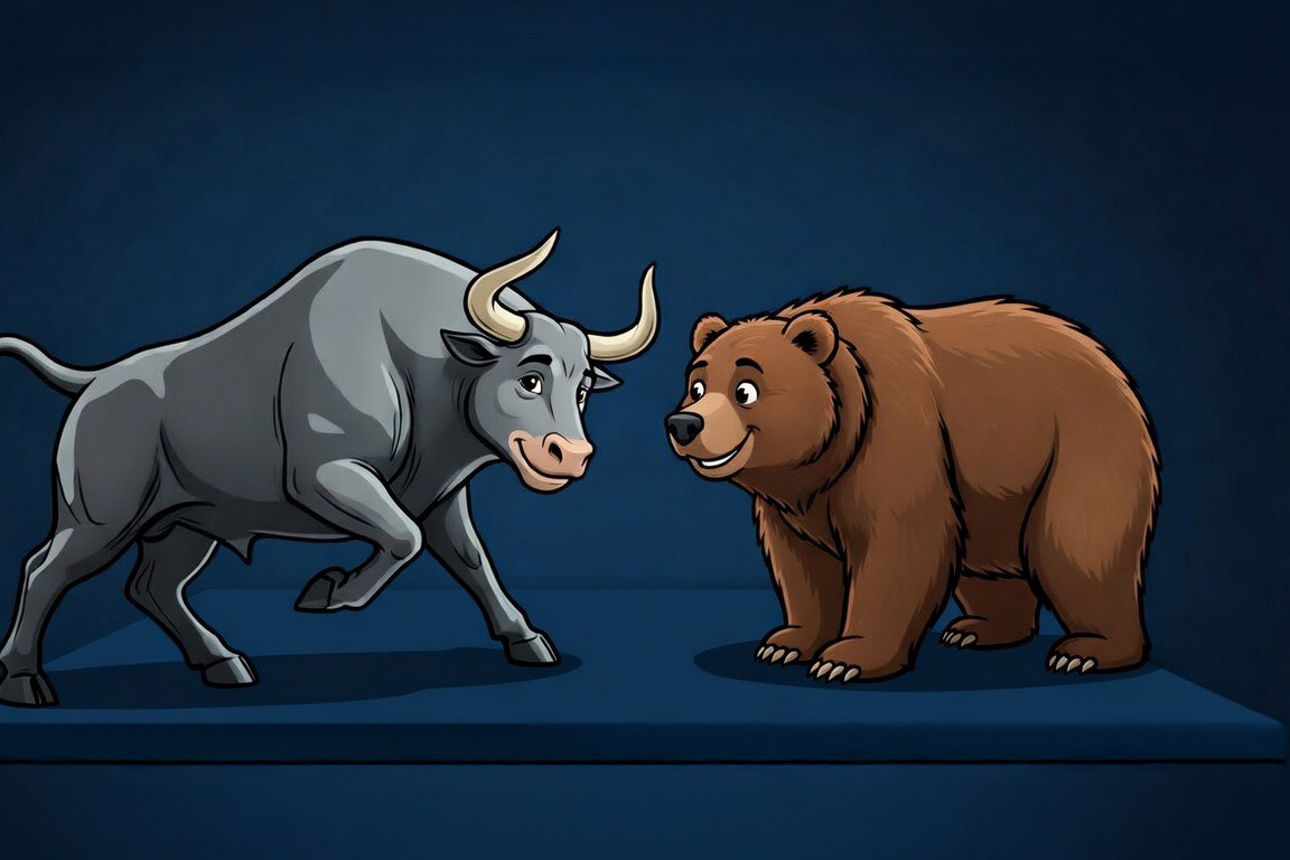 Ein Bulle und Bär auf einer Holzplattform 