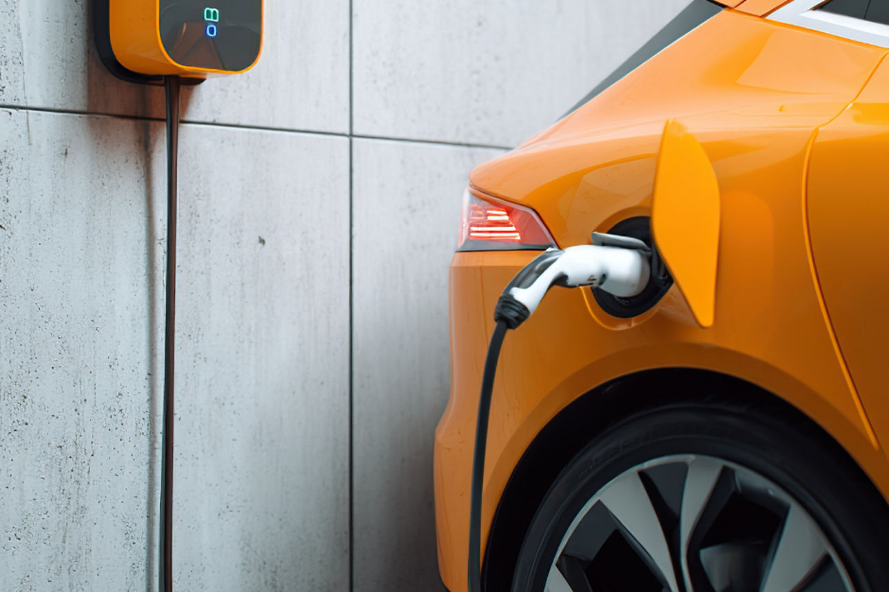 Oranges E-Auto wird an Wallbox geladen