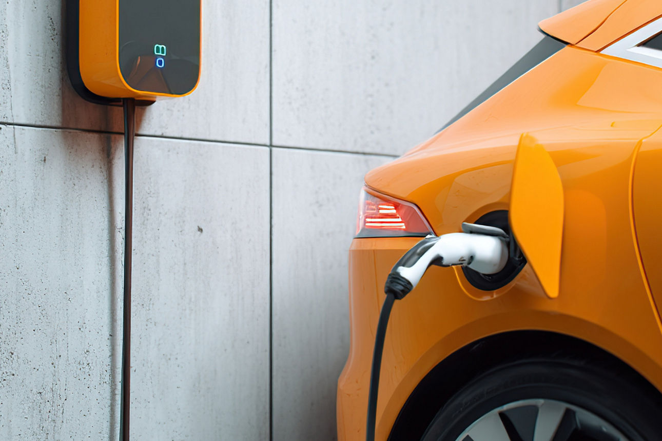 Ein orangefarbenes E-Auto wird per Wallbox geladen