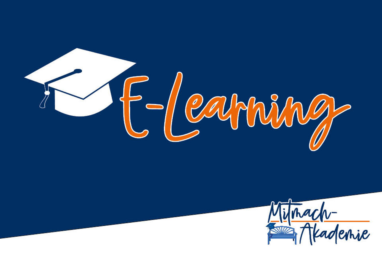 dunkelblauer Hintergrund mit dem Schriftzug E-Learning