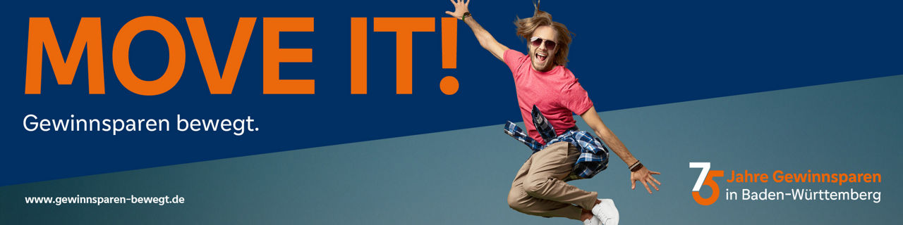 75 Jahre Gewinnsparen mit Slogan MOVE IT! und einem springenden Mann