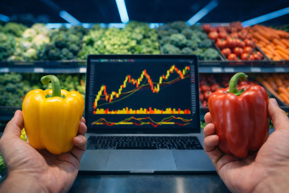 EDEKABANK-Depot Aktiv - Laptop mit Aktienkurs mit einer gelben und roten Paprika