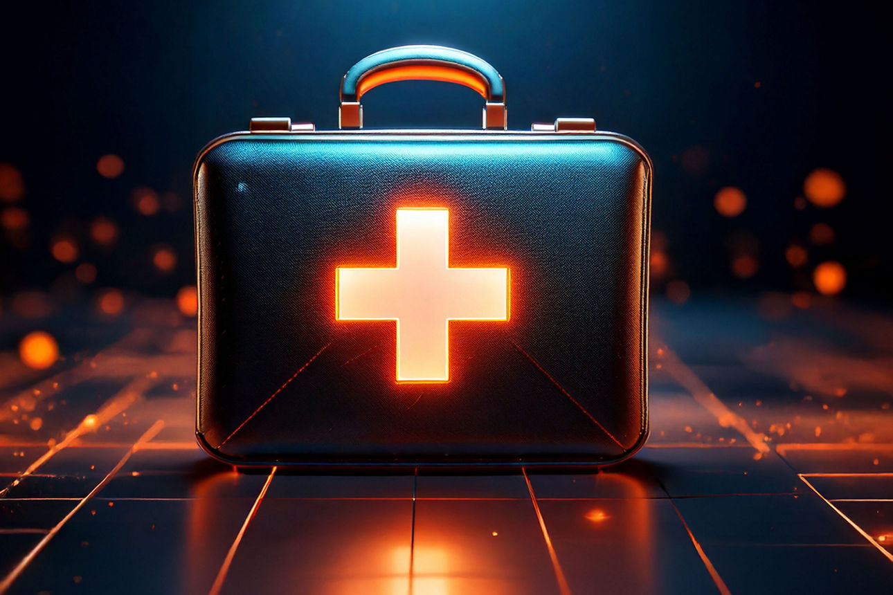 Erste Hilfe Koffer mit leuchtendem Kreuz