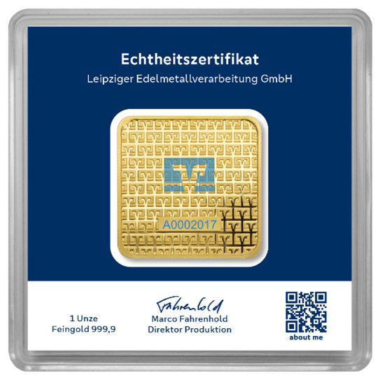 Rückseite einer 1 Unze Gold Barren im Blister
