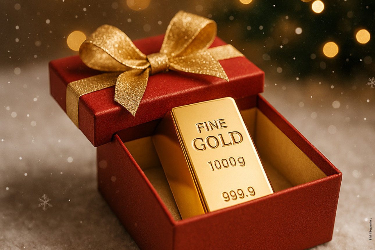 Rote Geschenkkiste mit goldener Schleife und goldenem Goldbarren