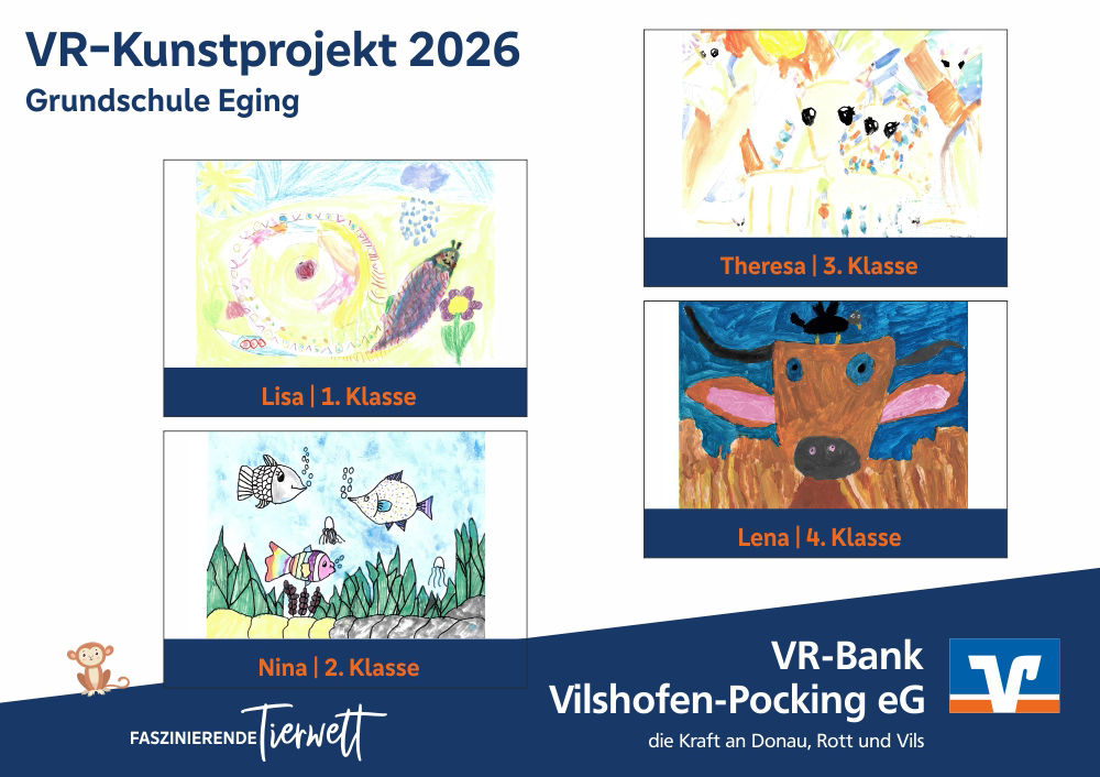 Die vier Gewinnerbilder VR-Kunstprojekt 2026, Grundschule Eging: Schmetterlings-Cocon, Fantasie-Tiere, Unterwasserwelt, Gnu.