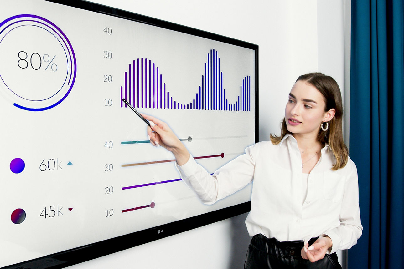 Eine junge Frau steht an einer Tafel und zeigt mit einem Stab auf eine Grafik