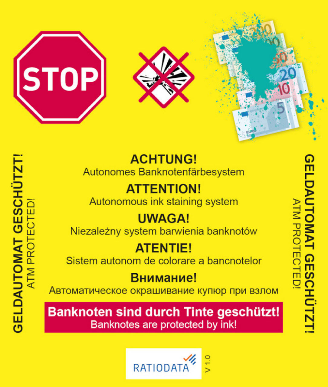 Grafik mit Hinweis auf den Schutz der Geldautomaten mit Einfärbetechnik.