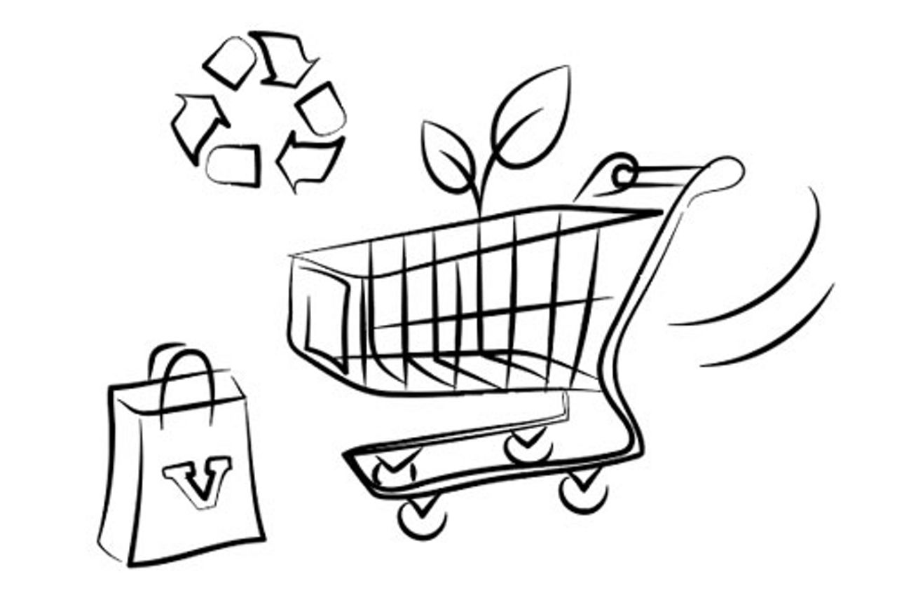 Zeichnung eines Einkaufswagens, aus dem ein Blatt heraus wächsr. Daneben das Recycling Symbol sowie eine Einkaufstüte mit einem "V" darauf.