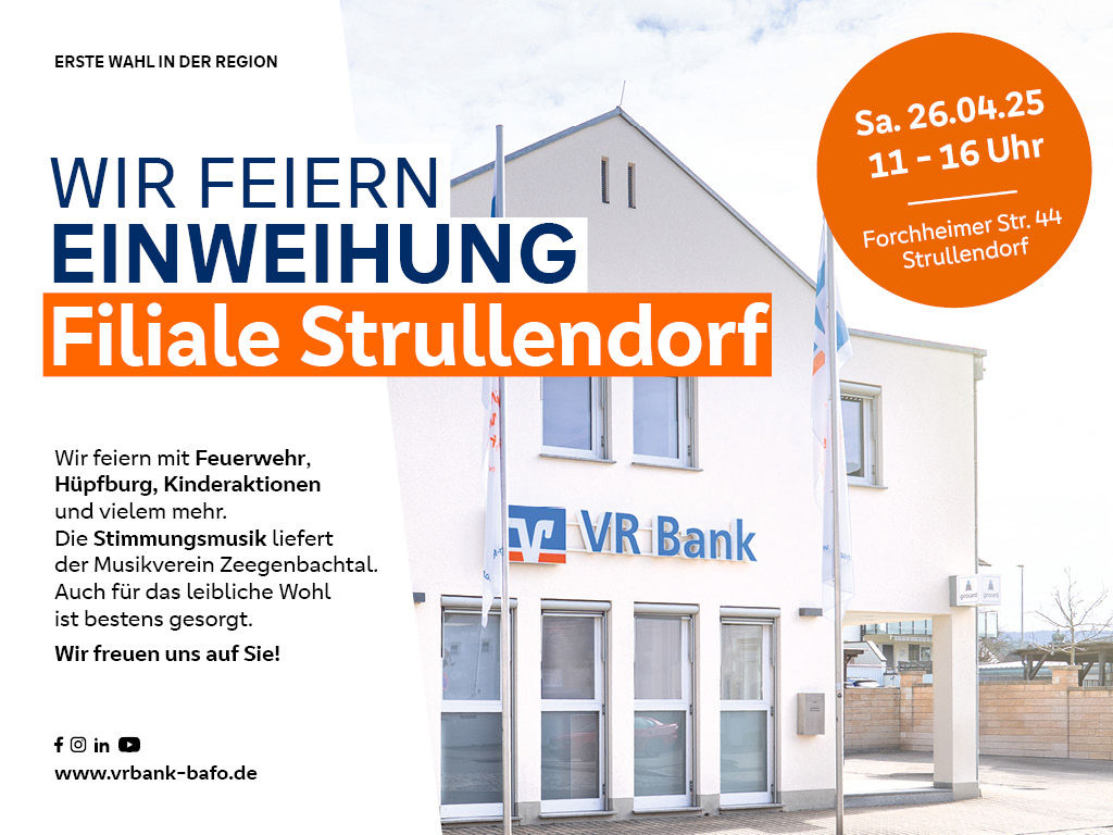 Veranstaltungshinweis zur Einweihung Filiale Strullendorf am 26. April 2025