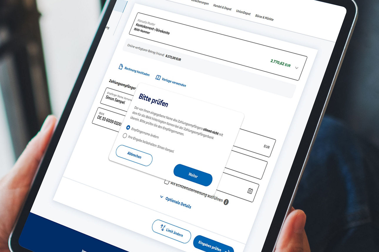 Tablett das ein Fenster im OnlineBanking zeigt