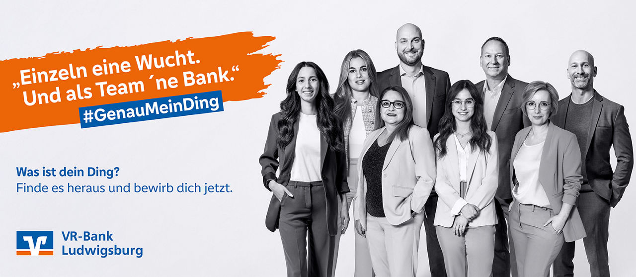 Mitarbeitende der VR-Bank Ludwigsburg mit dem Slogan #GenauMeinDing