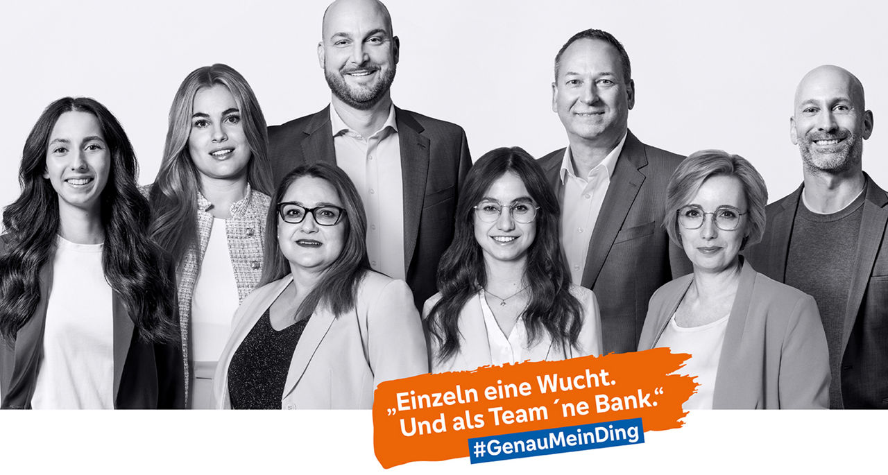 Mitarbeitende der VR-Bank Ludwigsburg mit dem Slogan #GenauMeinDing